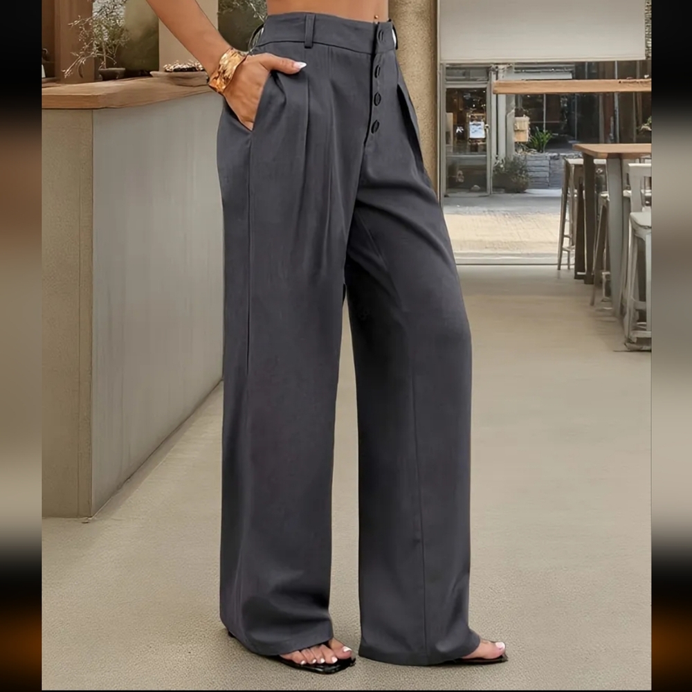 Women's Solid Color High Rise Button Front Pleated Wide Leg Loose Pants Grey M - Picture 5 of 7